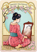 Illustration of a woman in a pink kimono looking into a mirror with cherry blossoms in the background.