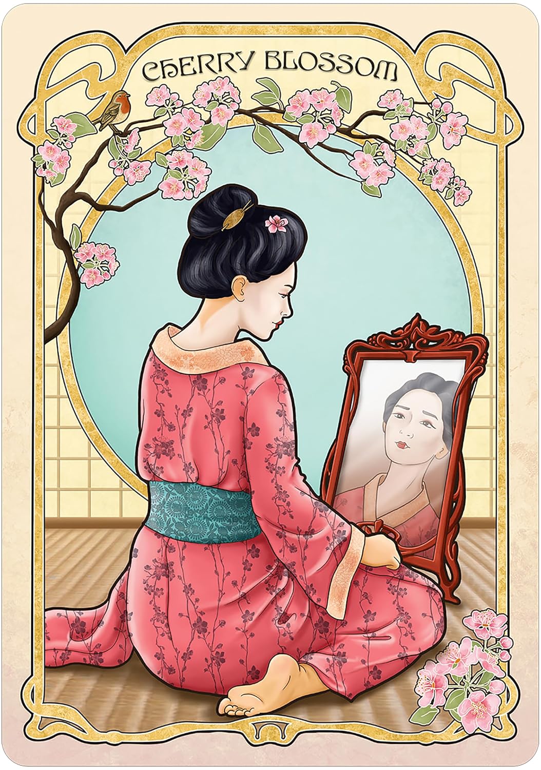 Illustration of a woman in a pink kimono looking into a mirror with cherry blossoms in the background.