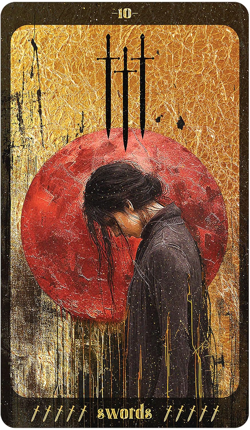Tarot card with a person in front of a red circle and three vertical lines above, on a textured background.