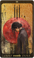 Tarot card with a person in front of a red circle and three vertical lines above, on a textured background.