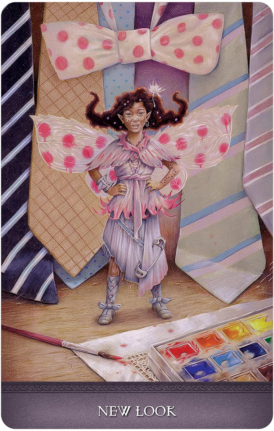 Card featuring a fairy with polka dot wings and bow, surrounded by ties and art supplies.