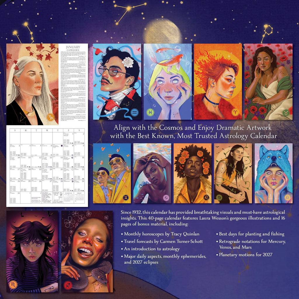 A promotional collage for an astrology calendar showing multiple illustrated portrait panels, a sample horoscope text, a monthly calendar grid, and descriptive copy on a dark starry background.