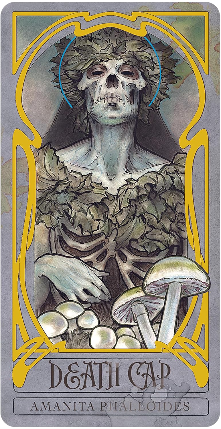 Card featuring a skeleton with a skull and mushroom illustration, titled 'Death Cap'.