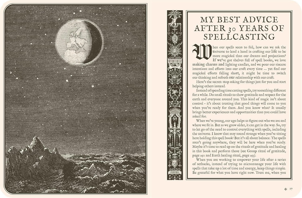 Illustration of a moon over water with text on spellcasting advice.