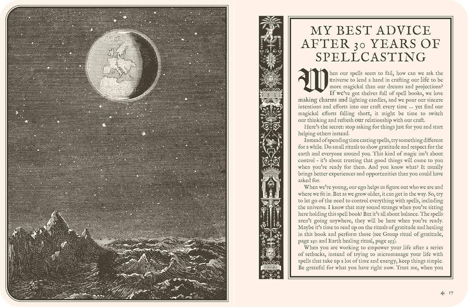 Illustration of a moon over water with text on spellcasting advice.