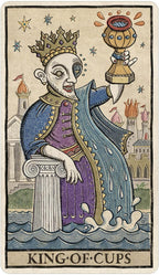 King of Cups tarot card with a king holding a cup against a castle and starry sky background.