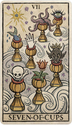 Seven of Cups tarot card with symbolic imagery on a decorative background
