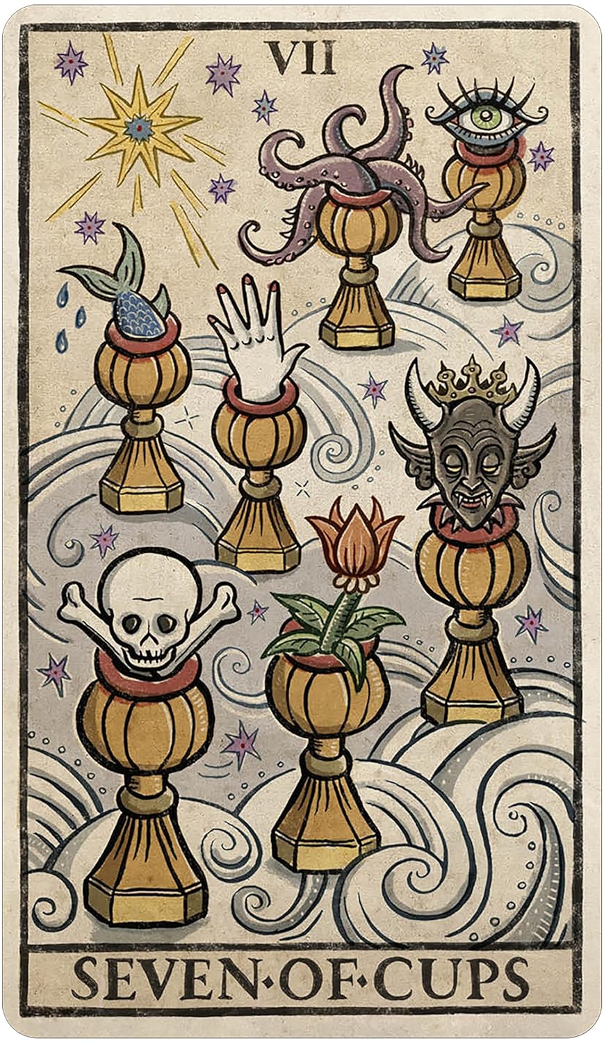 Seven of Cups tarot card with symbolic imagery on a decorative background