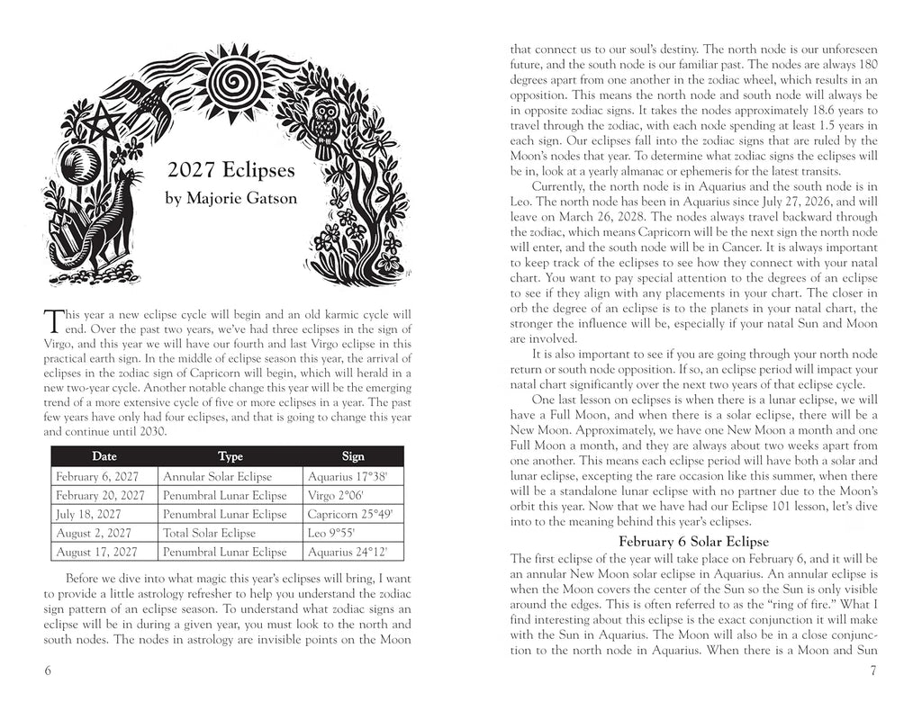 A printed informational page about 2027 Eclipses by Major Geaton, with black decorative eclipse illustrations, a table of dates and eclipse types, and paragraphs of explanatory text on a white page.