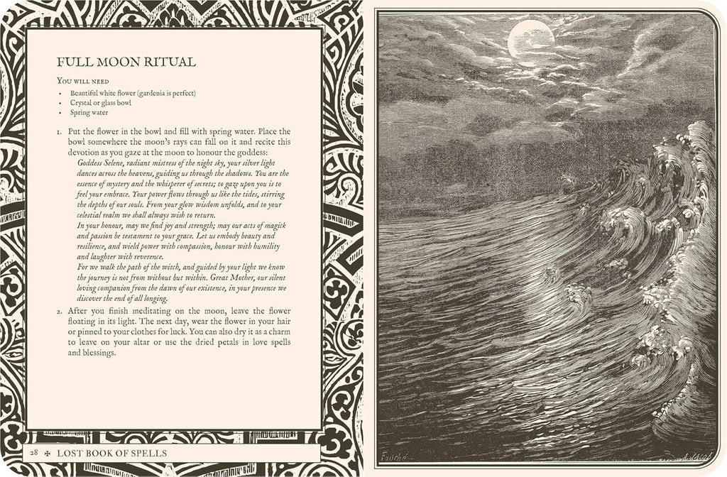 Full moon ritual text on the left with a black and white illustration of a moonlit sea on the right.