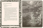 Full moon ritual text on the left with a black and white illustration of a moonlit sea on the right.
