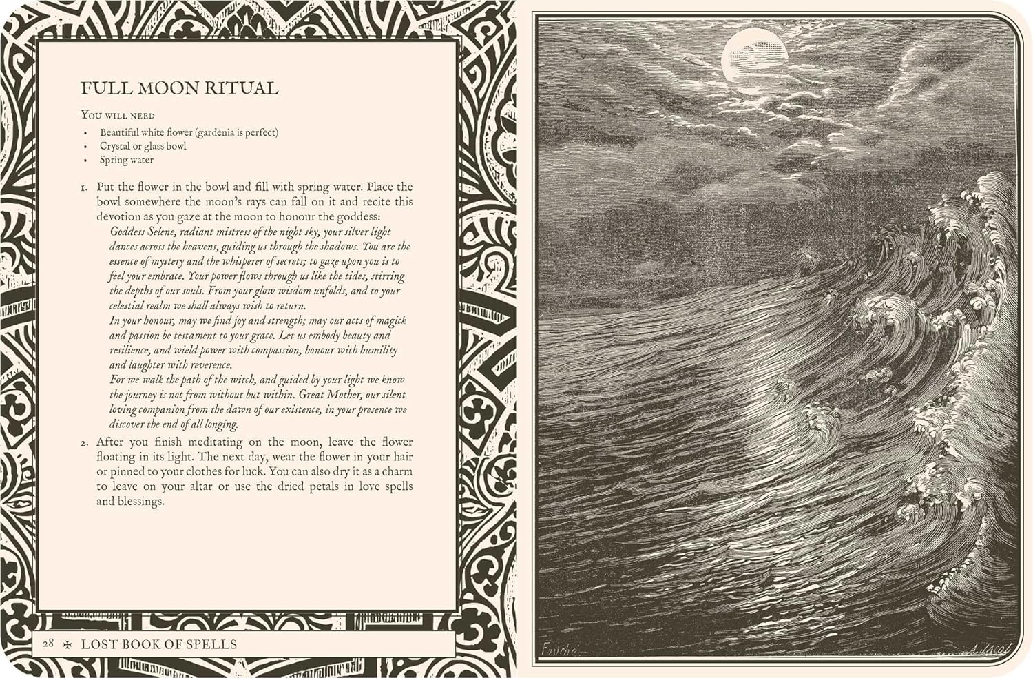 Full moon ritual text on the left with a black and white illustration of a moonlit sea on the right.