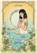 Art Nouveau-style illustration of a woman with lotus flowers and decorative frame.
