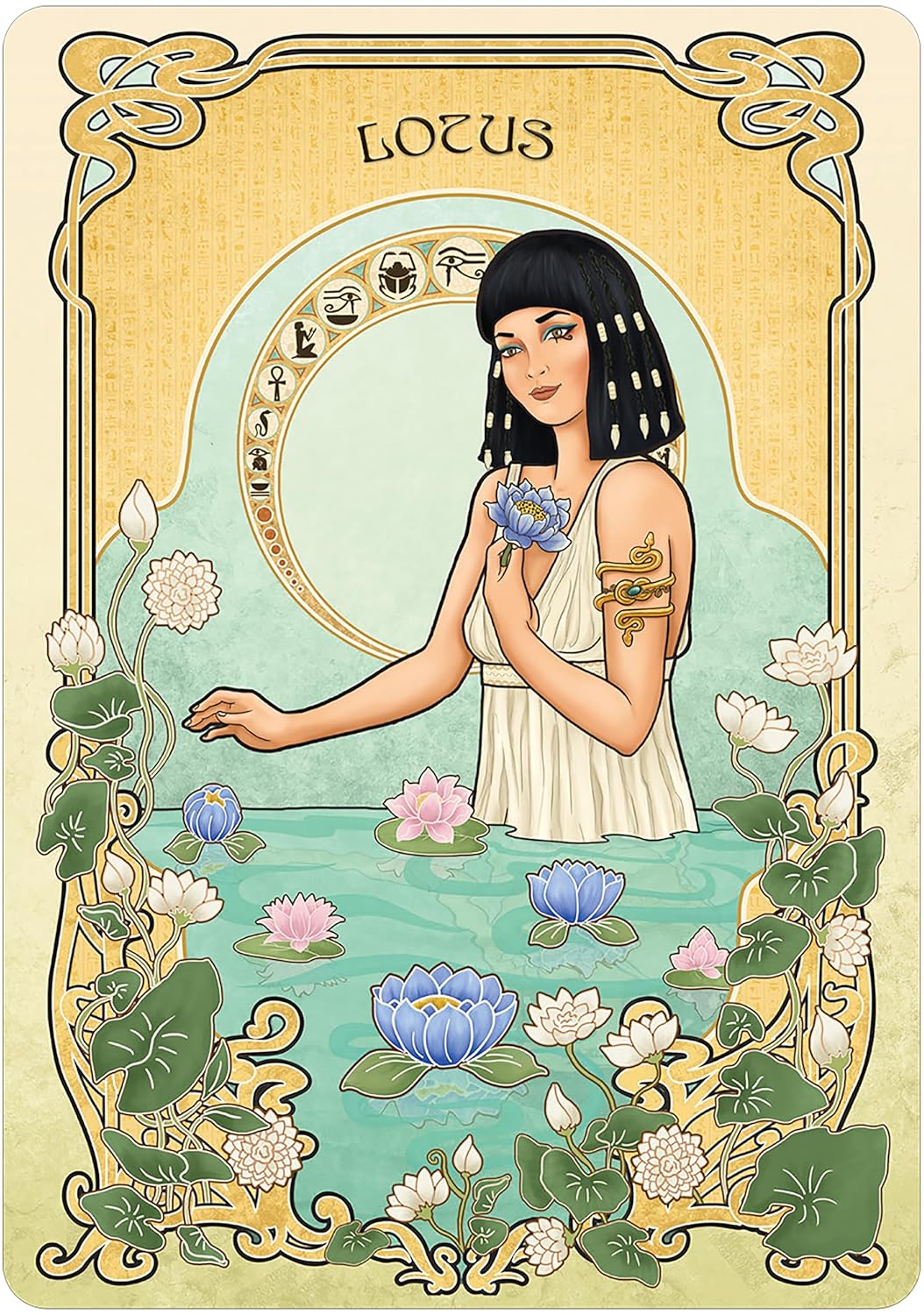 Art Nouveau-style illustration of a woman with lotus flowers and decorative frame.