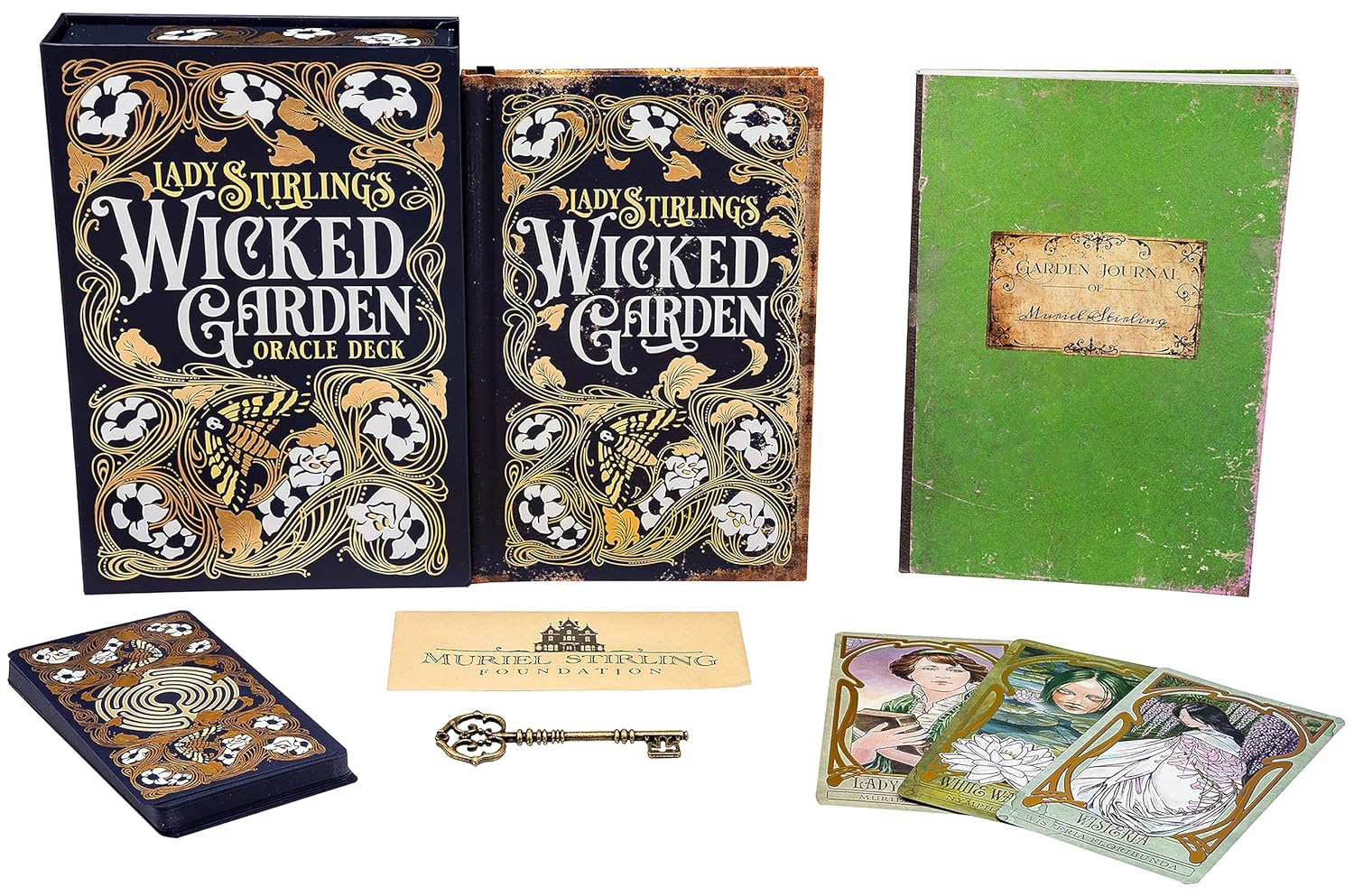 Collection of 'Wicked Garden' oracle deck packaging and cards on a white background