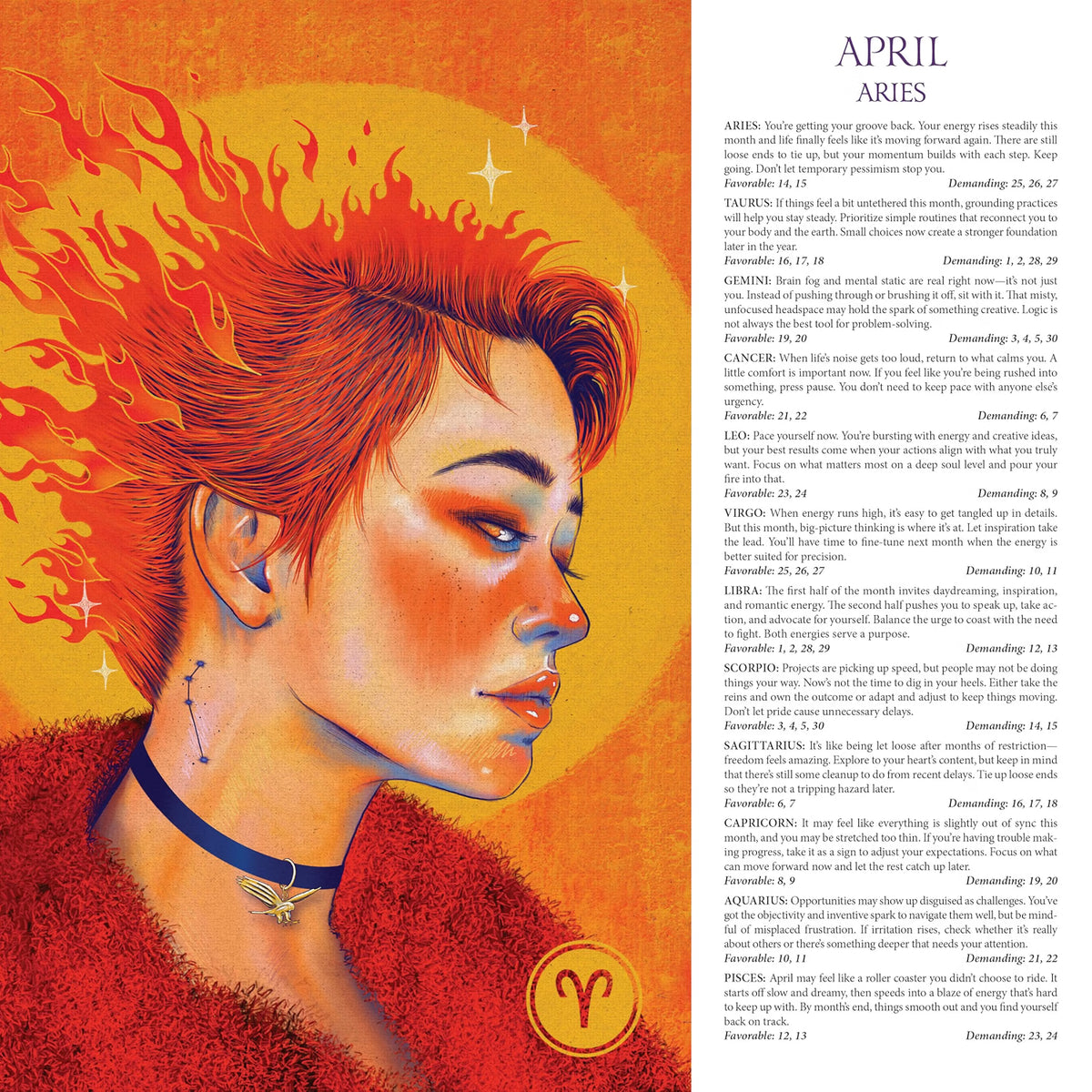 A square graphic print featuring a stylized illustration of a person in profile with flowing orange and red hair, a blue collar, and a prominent Aries zodiac symbol on the chest. The right side contains columns of text under the heading 'APRIL ARIES'.