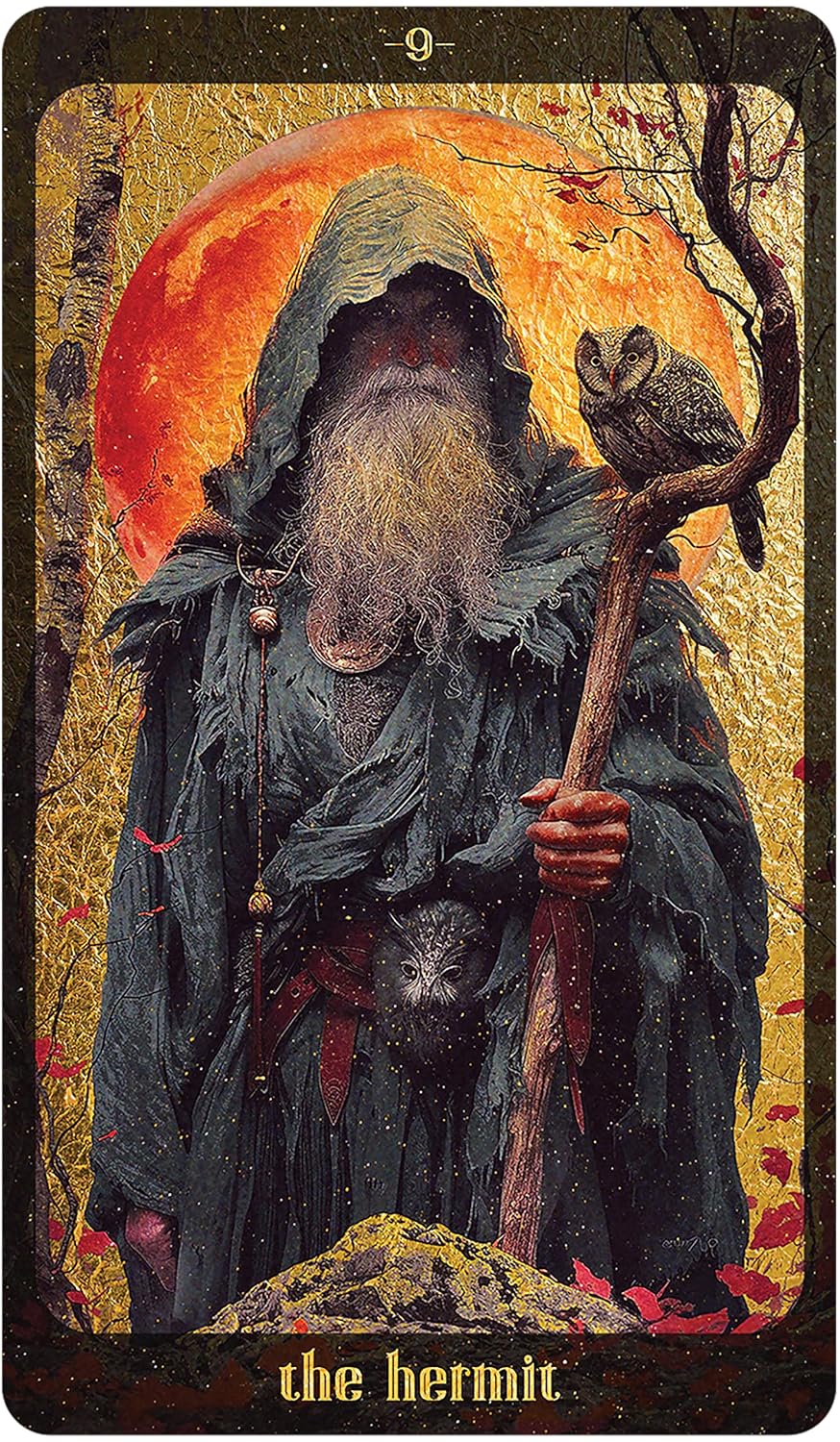 Tarot card featuring 'The Hermit' with a robed figure holding a staff and an owl, against a sunset background.