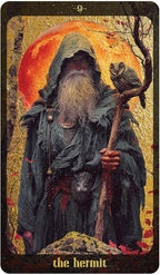 Tarot card featuring 'The Hermit' with a robed figure holding a staff and an owl, against a sunset background.