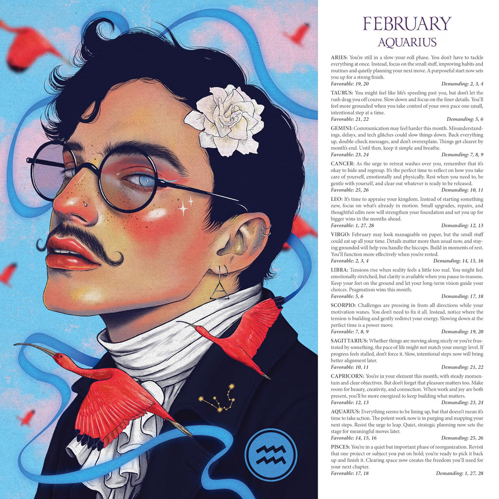 A square art print featuring a stylized portrait of a man with glasses, a white flower in his hair, and a red fish on his shoulder, alongside a column of text titled 'FEBRUARY AQUARIUS' with astrological entries.