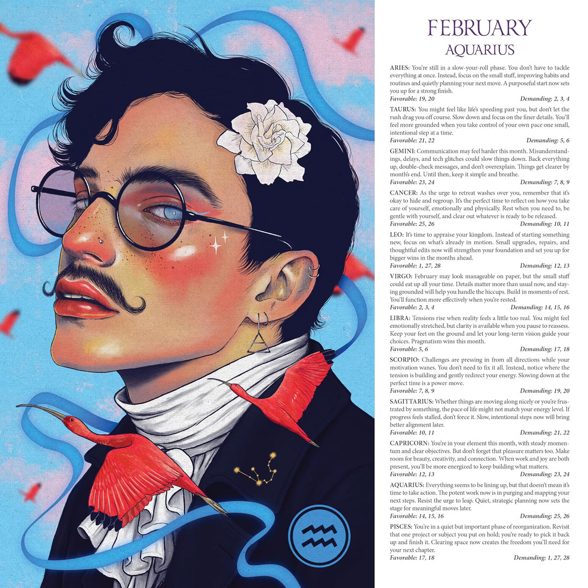 A square art print featuring a stylized portrait of a man with glasses, a white flower in his hair, and a red fish on his shoulder, alongside a column of text titled 'FEBRUARY AQUARIUS' with astrological entries.