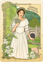 Vintage-style illustration of a woman in a white dress holding flowers, with decorative elements and text.