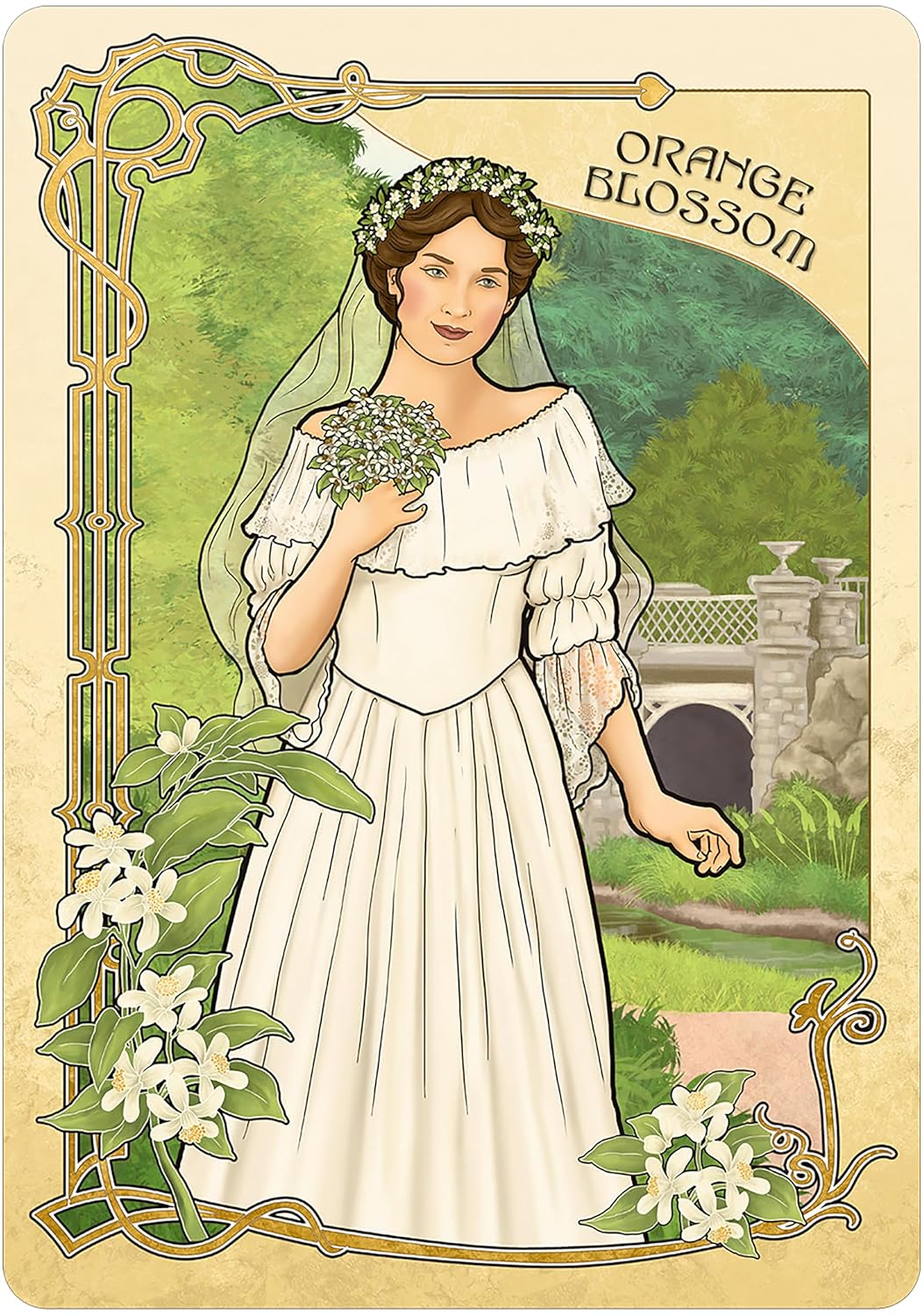 Vintage-style illustration of a woman in a white dress holding flowers, with decorative elements and text.
