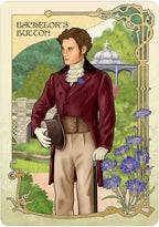 Card featuring a man in a red coat with a garden and flowers in the background