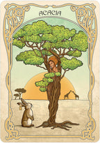 Illustration of a woman intertwined with an acacia tree, with a rabbit and giraffes in the background.