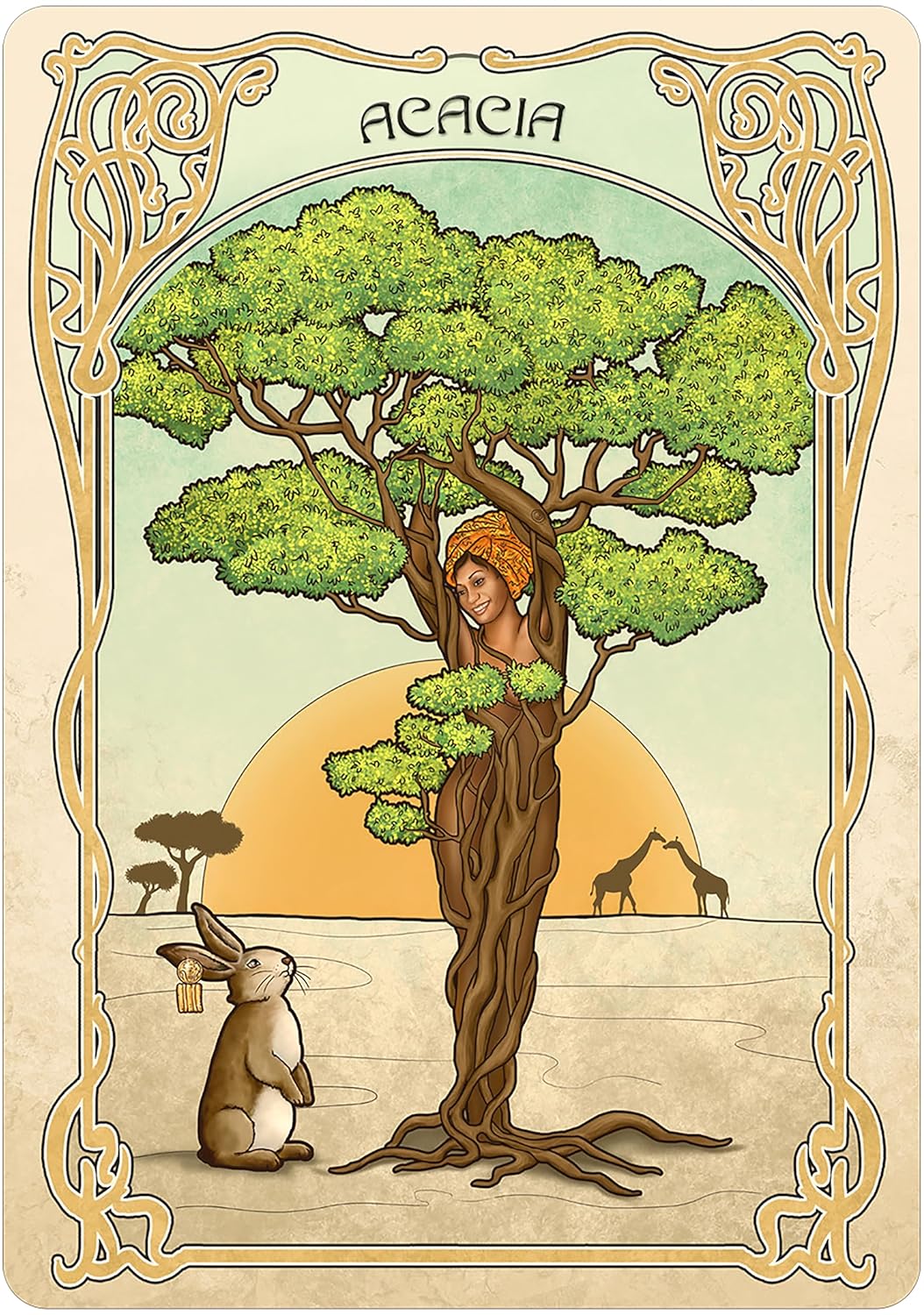 Illustration of a woman intertwined with an acacia tree, with a rabbit and giraffes in the background.