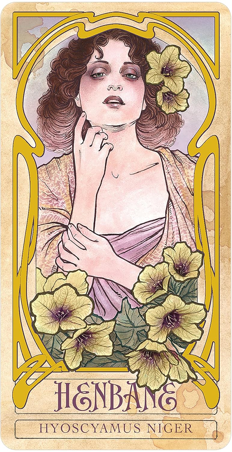 Vintage-style card featuring a woman with flowers and the word 'HENBANE' at the bottom.