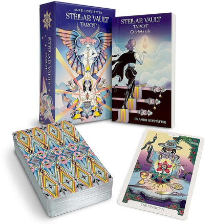 Stellar Vault Tarot cards with packaging and guidebook on a white background
