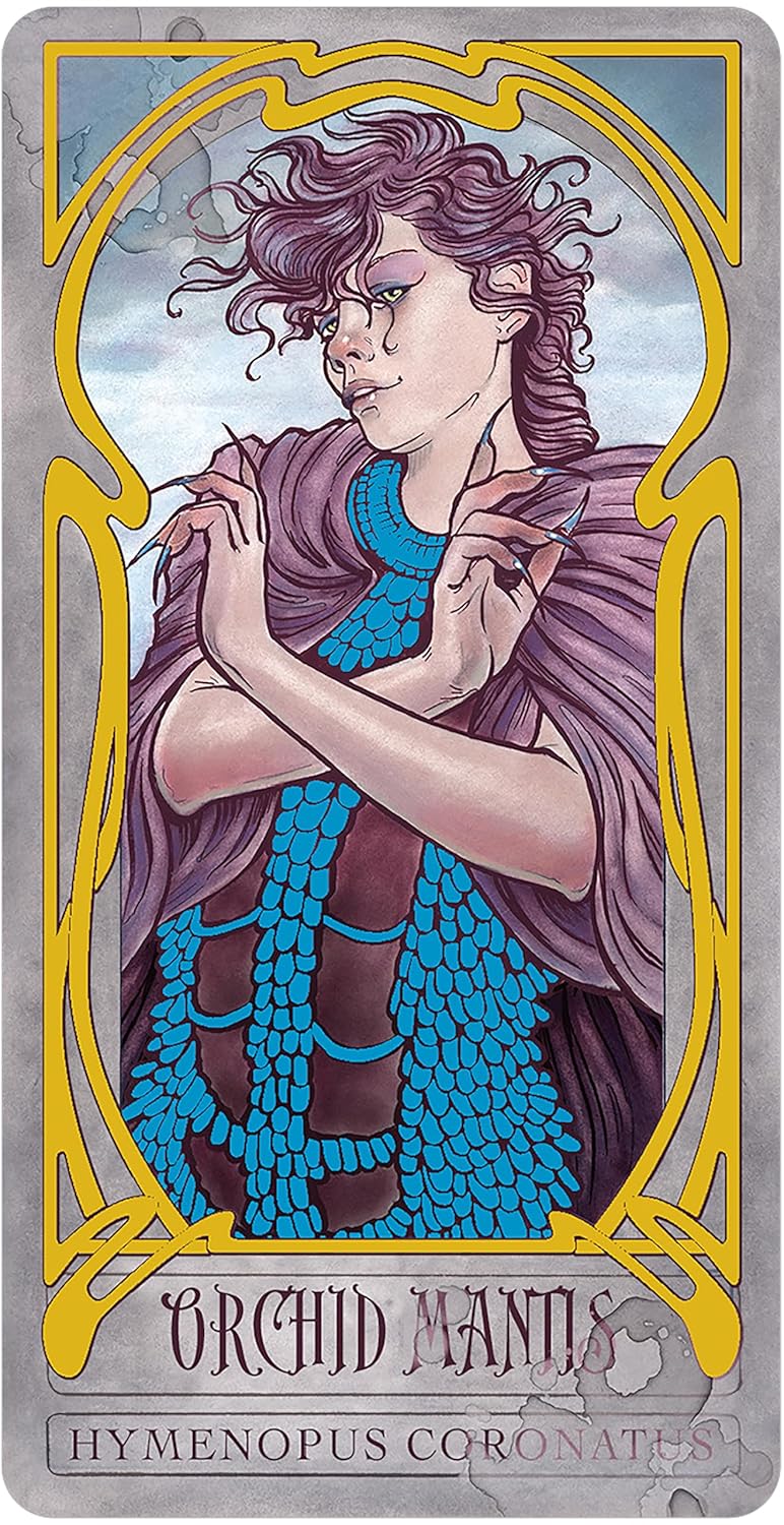 Illustration of a person with purple hair and blue garment on a decorative card.