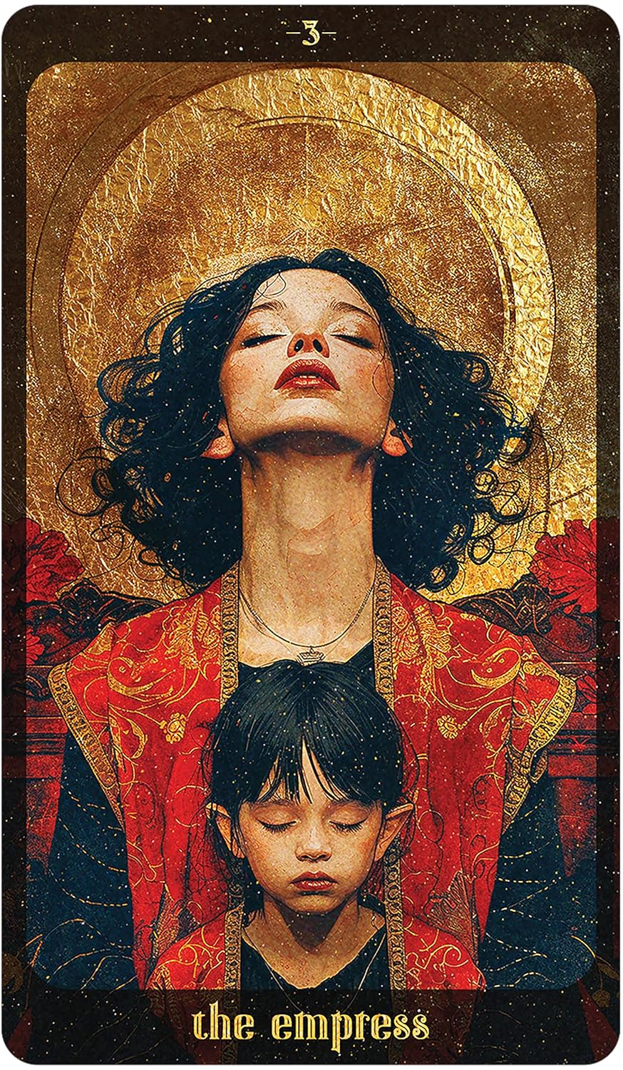 Card featuring a woman with a child, titled 'The Empress', in a stylized art nouveau design.