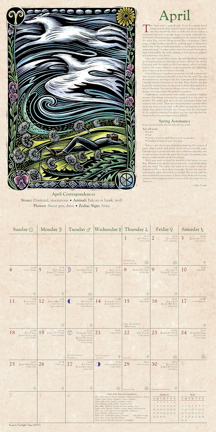 An April calendar poster featuring an ornate Art Nouveau-style illustration of a woman in a flowing white dress with birds and flowers, alongside a monthly calendar grid on a parchment-like background.