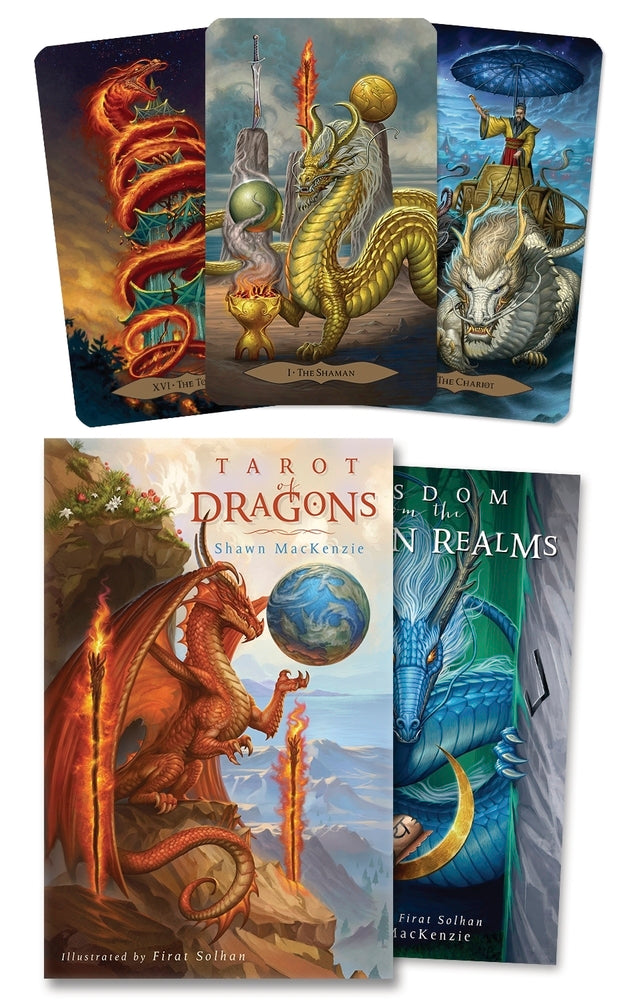 Set of dragon-themed cards with colorful illustrations on a white background