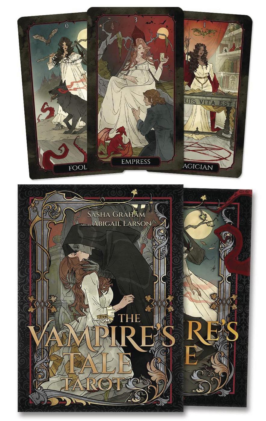 Set of tarot cards with artistic illustrations and 'The Vampire's Tale Tarot' text.