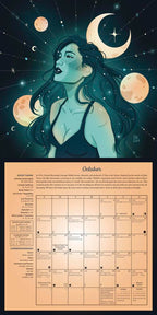 Illustration of a woman with celestial elements and a calendar on a dark background