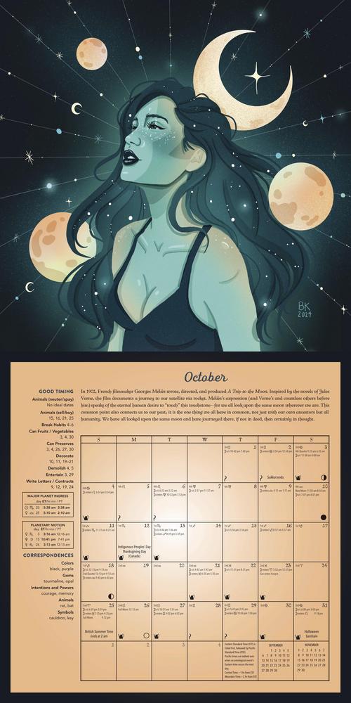 Illustration of a woman with celestial elements and a calendar on a dark background