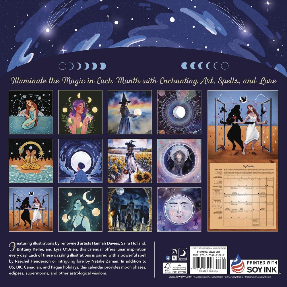 Magical-themed calendar with illustrations and a calendar layout on a dark blue background.
