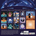 Magical-themed calendar with illustrations and a calendar layout on a dark blue background.