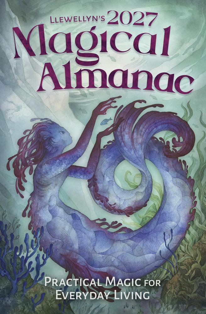 Front cover of the book 'Llewellyn's 2027 Magical Almanac: Practical Magic for Everyday Living' featuring an illustrated purple mermaid-like figure in an underwater scene with teal and blue tones.