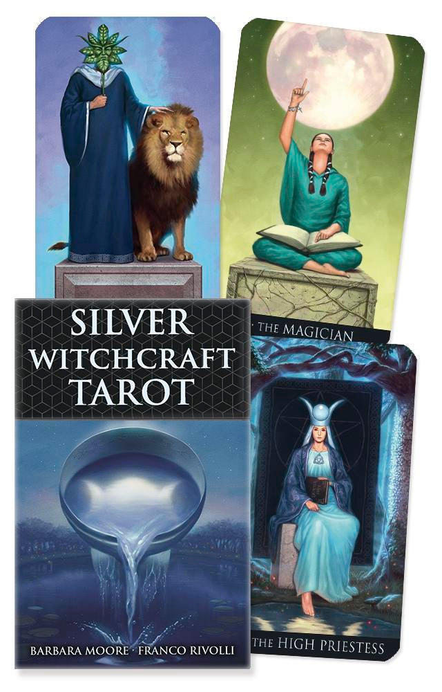 Silver Witchcraft Tarot cards with illustrations of figures and animals on a blue background.