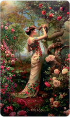 Woman in a garden with roses and a snake, inspired by classical art