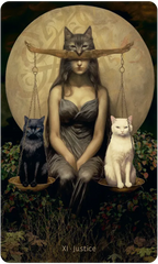 Artistic depiction of a woman with two cats on either side, under a moonlit sky.