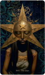 Tarot card featuring a star-shaped headdress with a face, on a dark blue background with celestial designs.