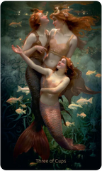 Three mermaids underwater with fish, tarot card style illustration.