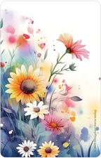 Colorful floral design with sunflowers and daisies on a white background