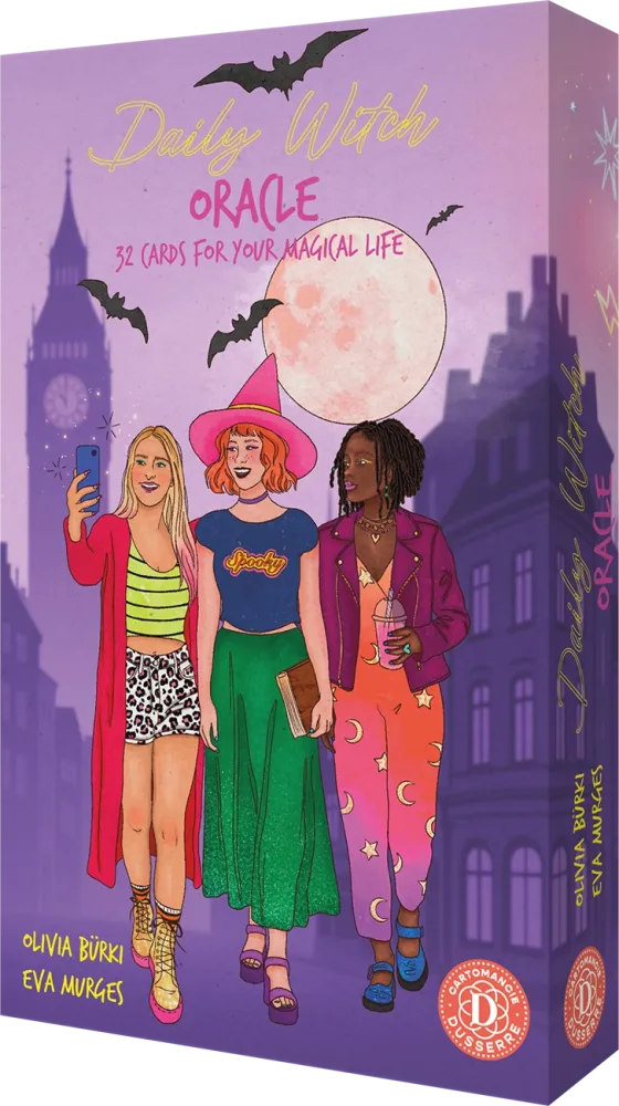Box of 'Darling Witches Oracle' cards with three illustrated women and a purple background.