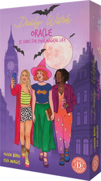 Box of 'Darling Witches Oracle' cards with three illustrated women and a purple background.