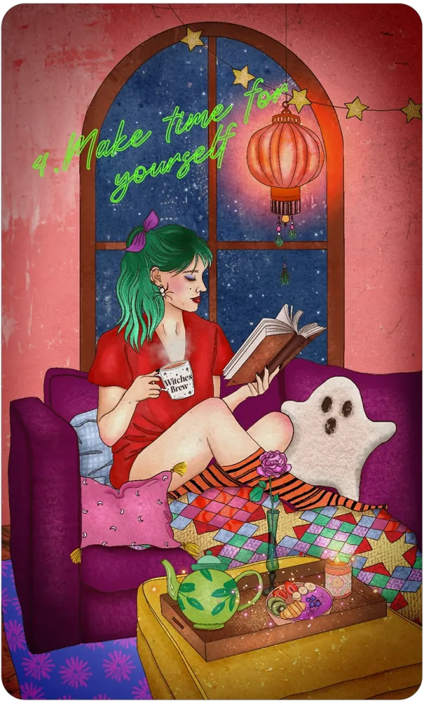 Woman with green hair reading a book on a purple couch with a ghost, colorful blanket, and tea set.